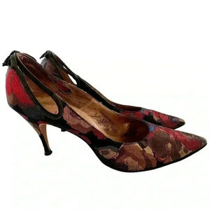 Mr Easton heels 8 AAA 1950s multicolored Satin floral vintage pointy toe pinup
